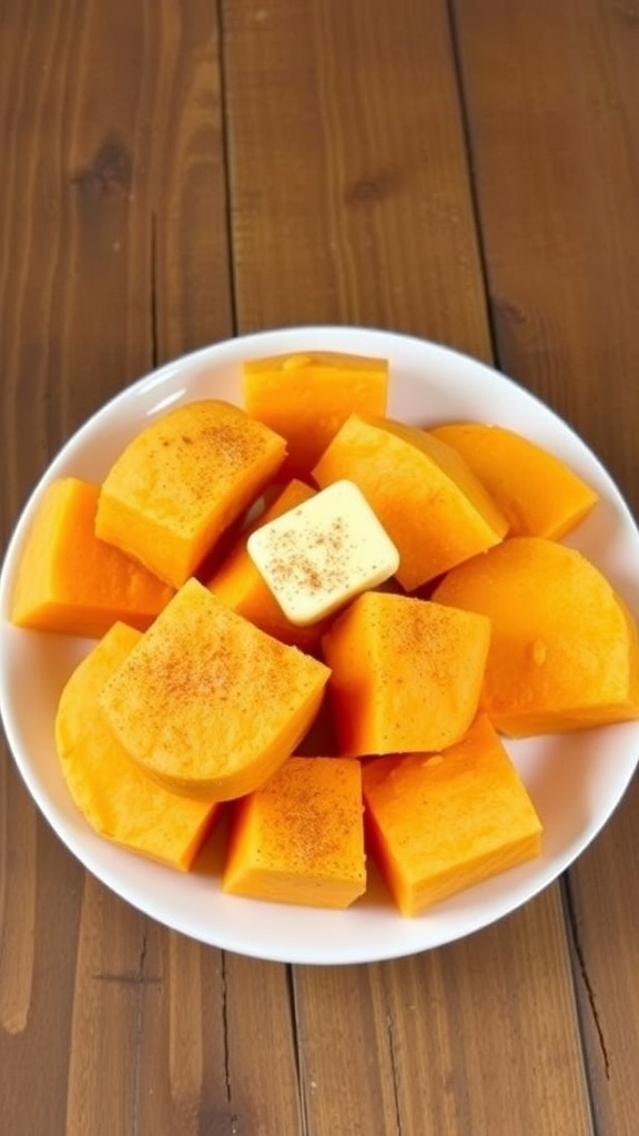 Quick Microwave Yams Recipe Microwaved yams topped with butter and cinnamon on a rustic plate.